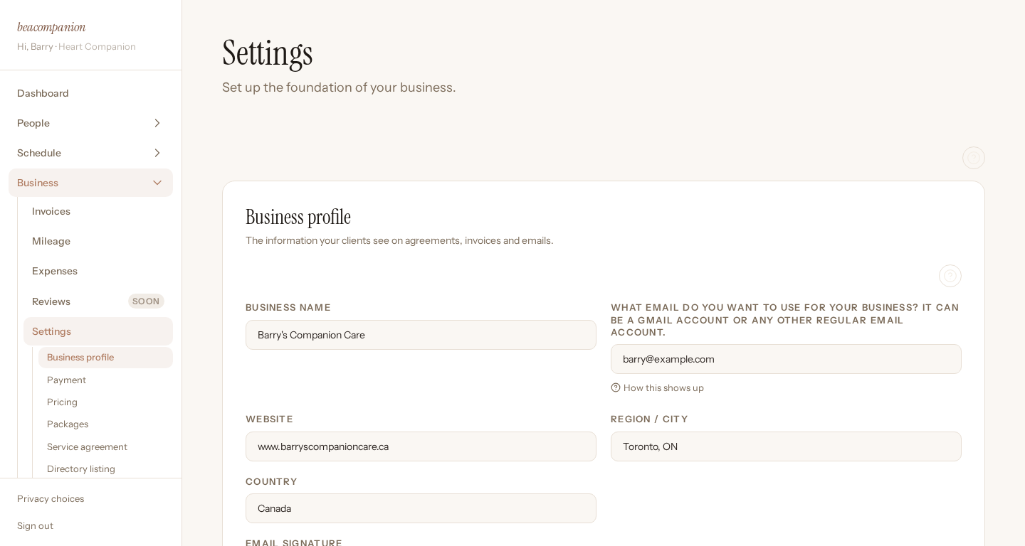 The Beacompanion business page editor, showing services and service areas