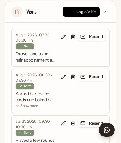 The Visits section on a phone, showing completed visit notes and family updates
