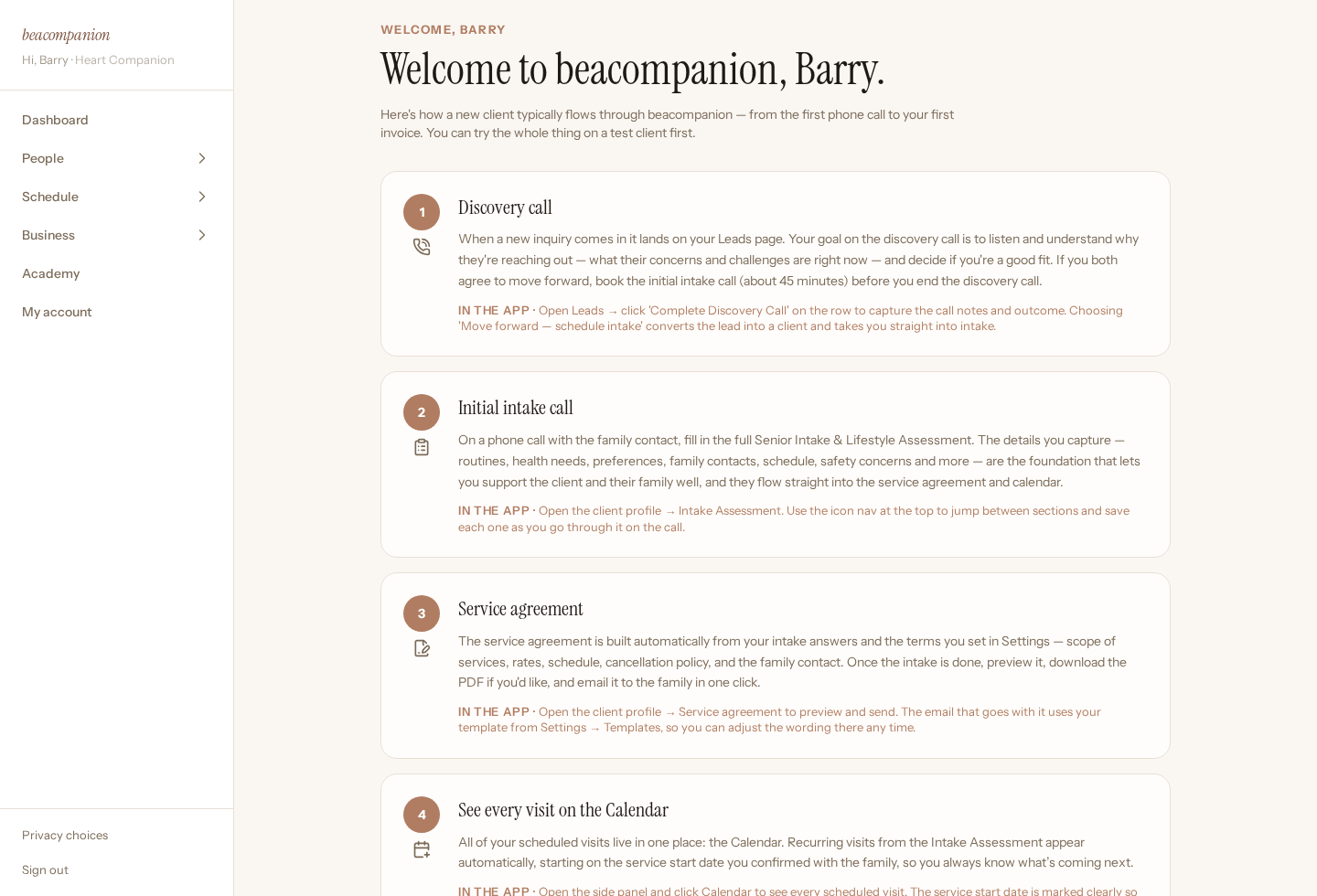The walkthrough page showing the step-by-step client journey, from discovery call to first invoice