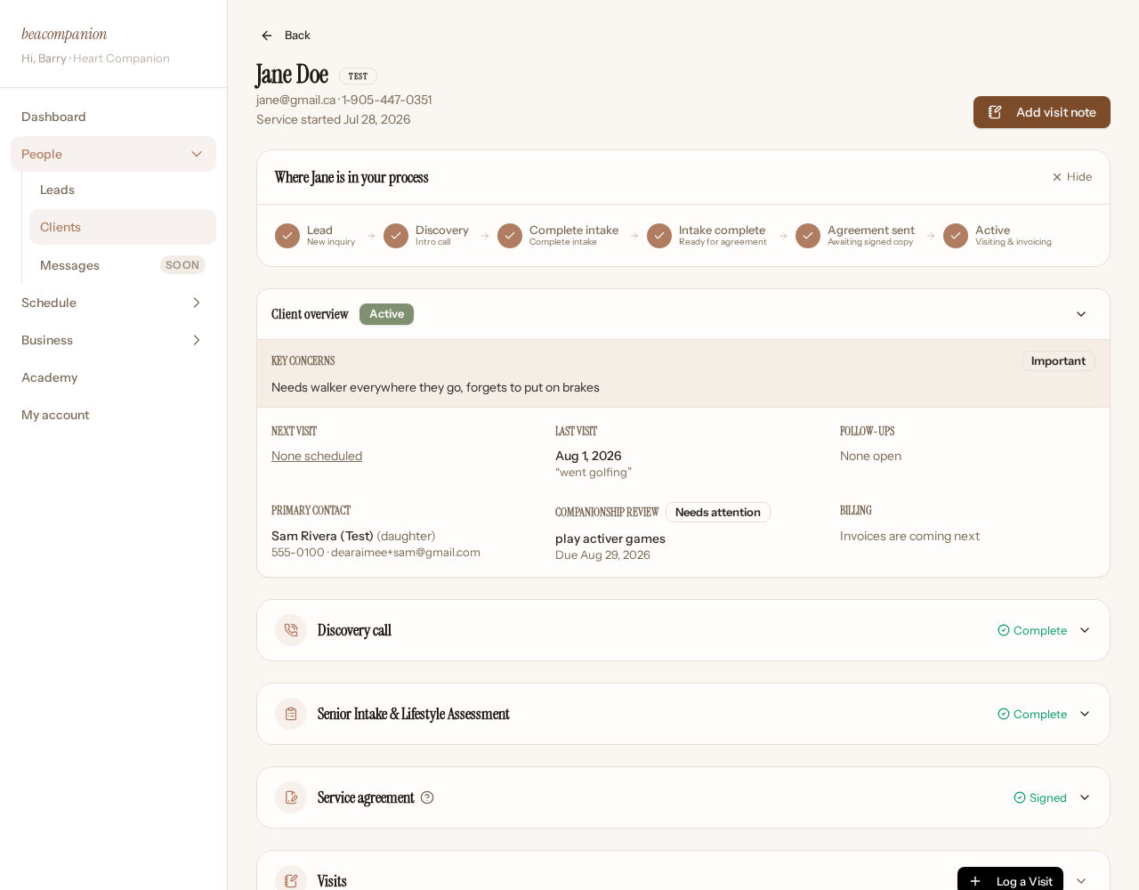 A client file showing the simplified overview and left panel navigation